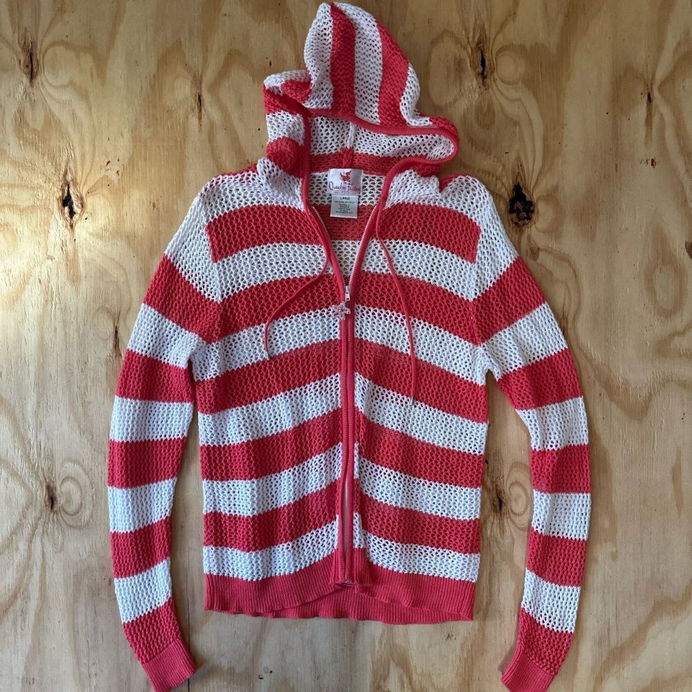 Quacker Factory Striped Open Knit Zip Hoodie Large